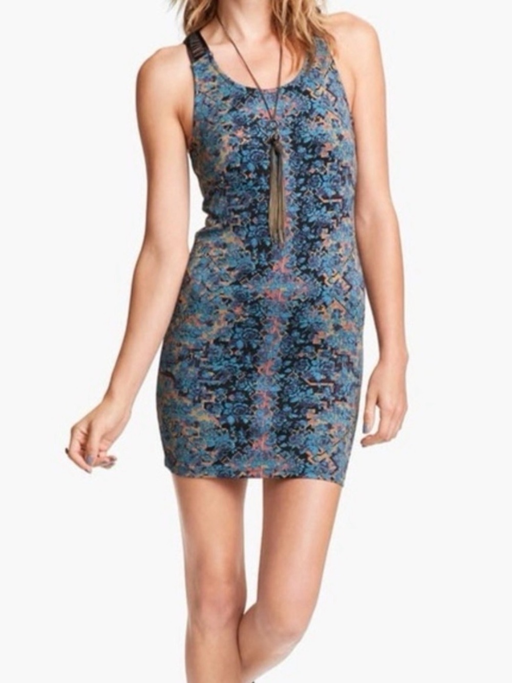 Beautiful Free People Digital Damsel Floral Pixels Bodycon Strappy Dress Medium